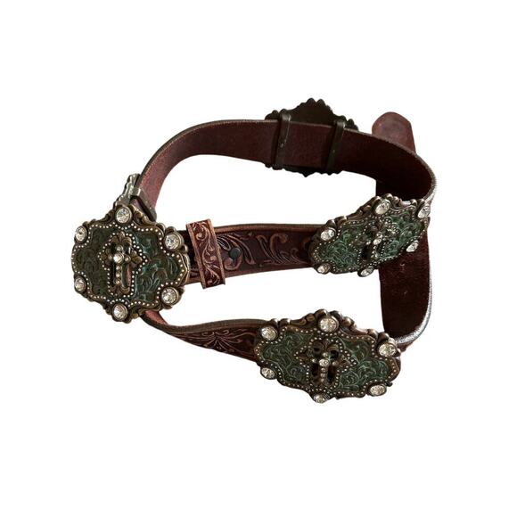 Tony Lama Brown Tooled Leather Swarovski Crystals Concho Cross Western Belt 34 - Picture 1 of 5